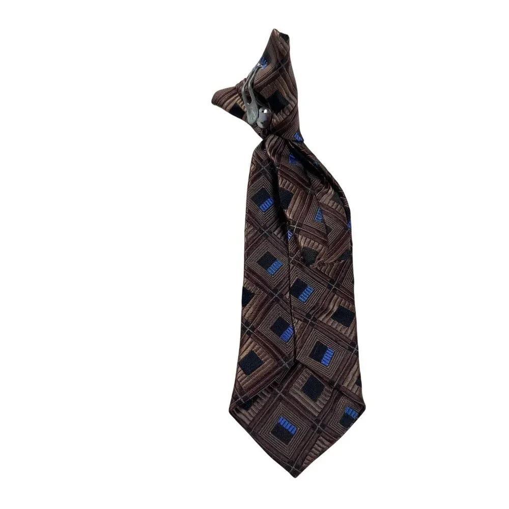 Vintage 80s Infant Toddler Clip-On Tie With Brown & Blue Geometric Pattern